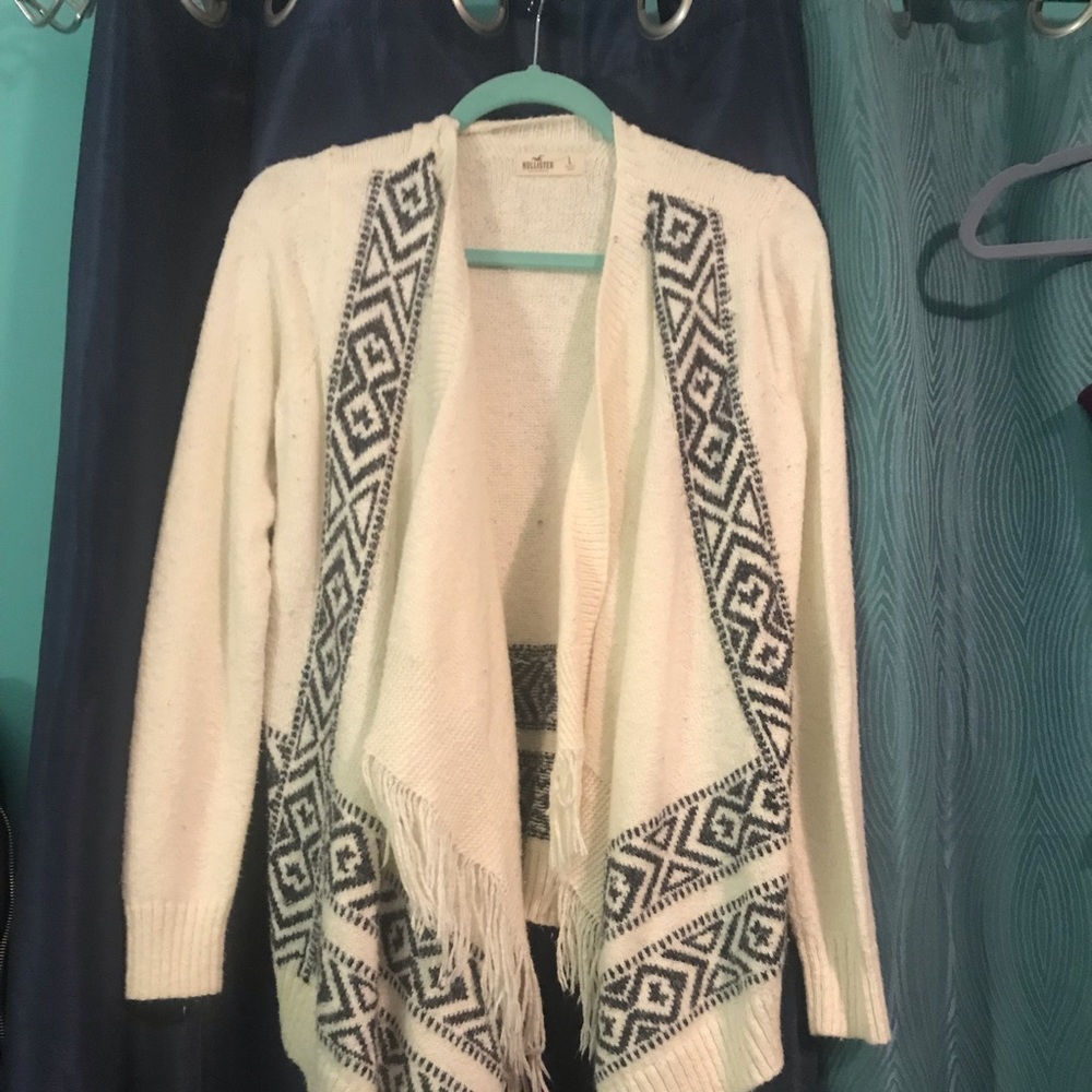 Hollister Open-Front Fringe Cardigan Sweater - Cream with Black Pattern